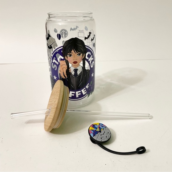 Custom Wednesday Addams Clear Glass Tumbler with Lid and Straw - Picture 13 of 15